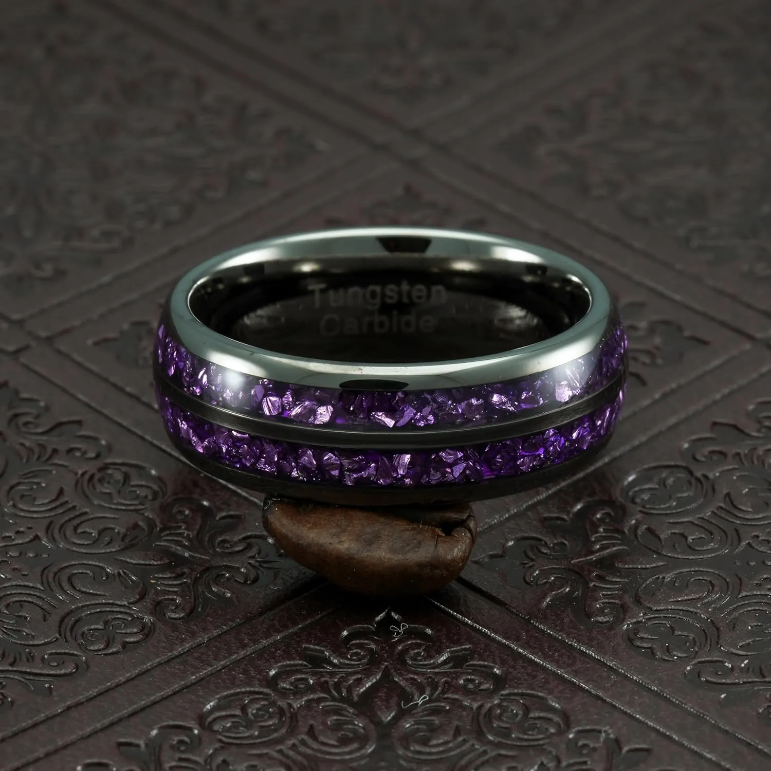100S JEWELRY Engraved Personalized Gunmetal Purple Tungsten Rings For Men Amethyst Inlay Wedding Promise Band Size 6-16