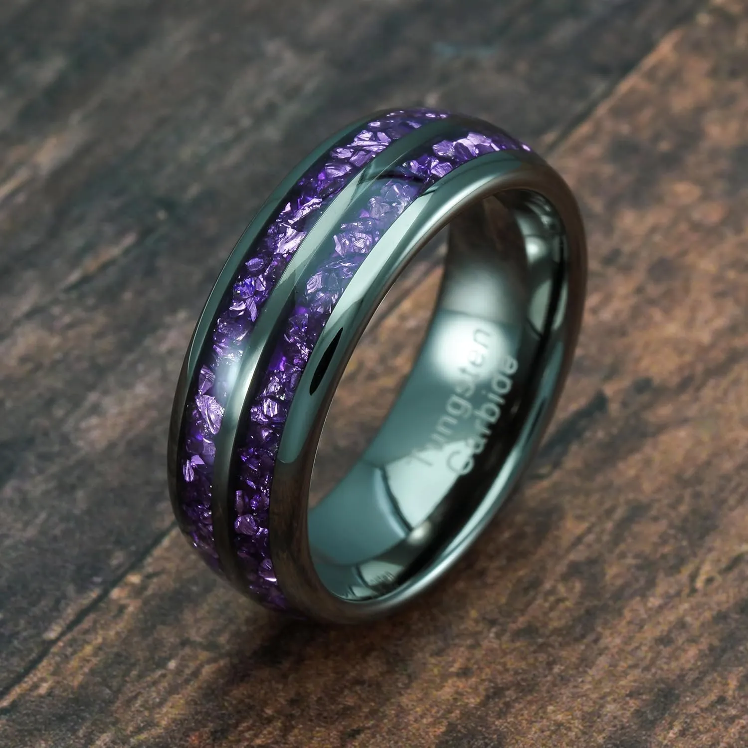 100S JEWELRY Engraved Personalized Gunmetal Purple Tungsten Rings For Men Amethyst Inlay Wedding Promise Band Size 6-16