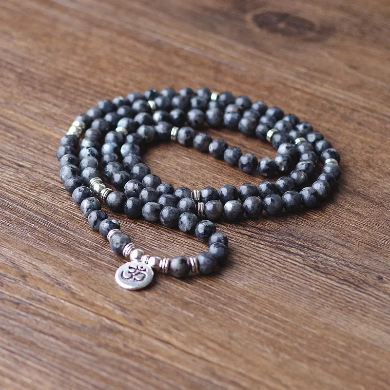 108 mala Labradorite with Lotus OM Buddha Charm Yoga Bracelet or Necklace Natural Stone Jewelry for Women Men