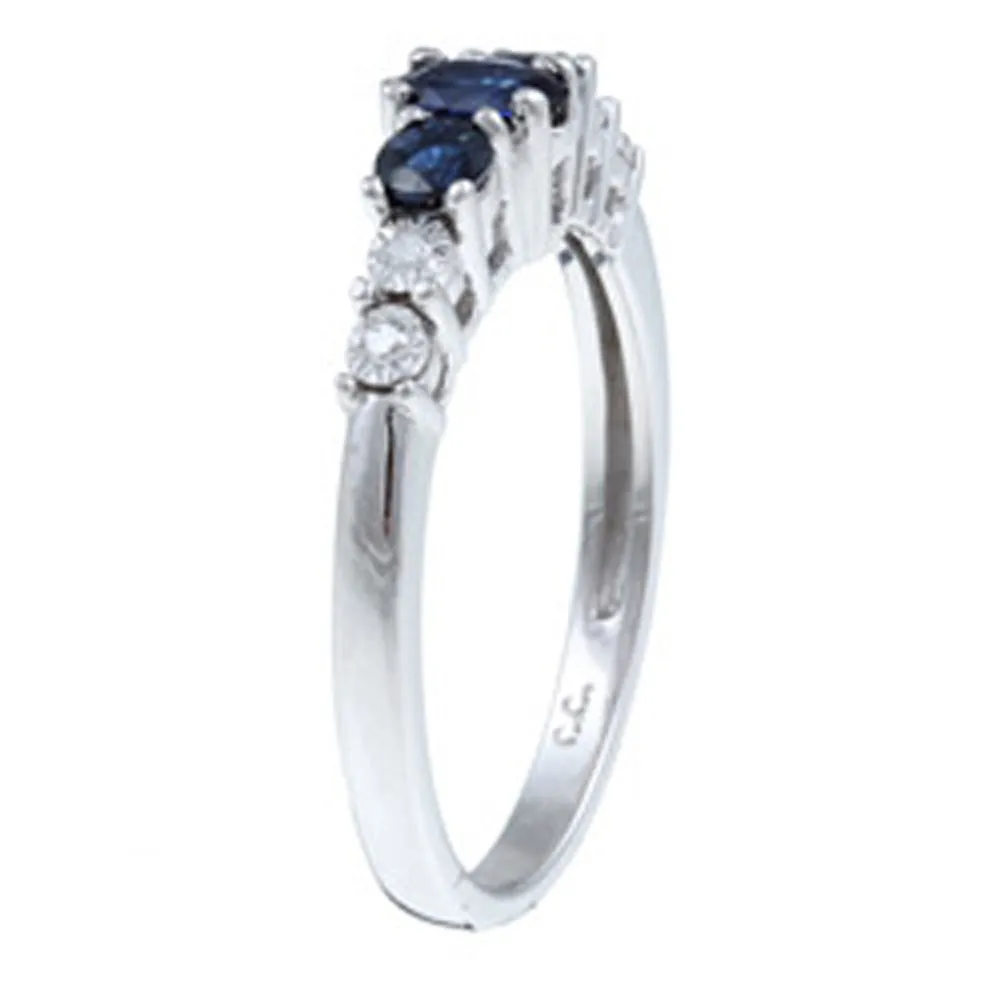 10k White Gold Three Stone Blue Sapphire and Diamond Ring