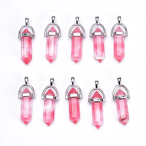 10pc Pink Quartz Stone Pendants Hexagonal Pointed Reiki Chakra Crystal Gemstone Pendant for Jewelry