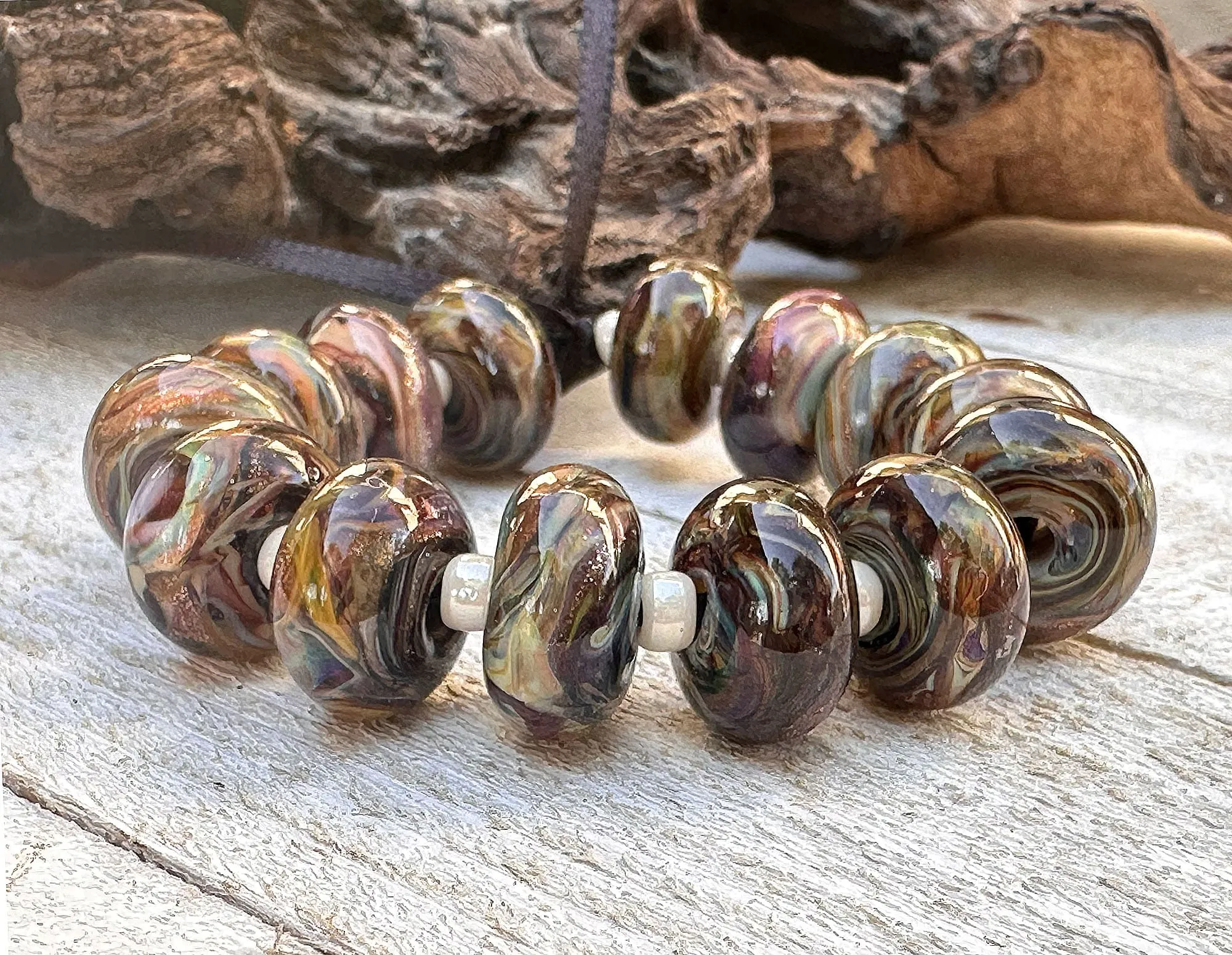 12 Multicolor Brown Swirl Lampwork Beads Set SRA
