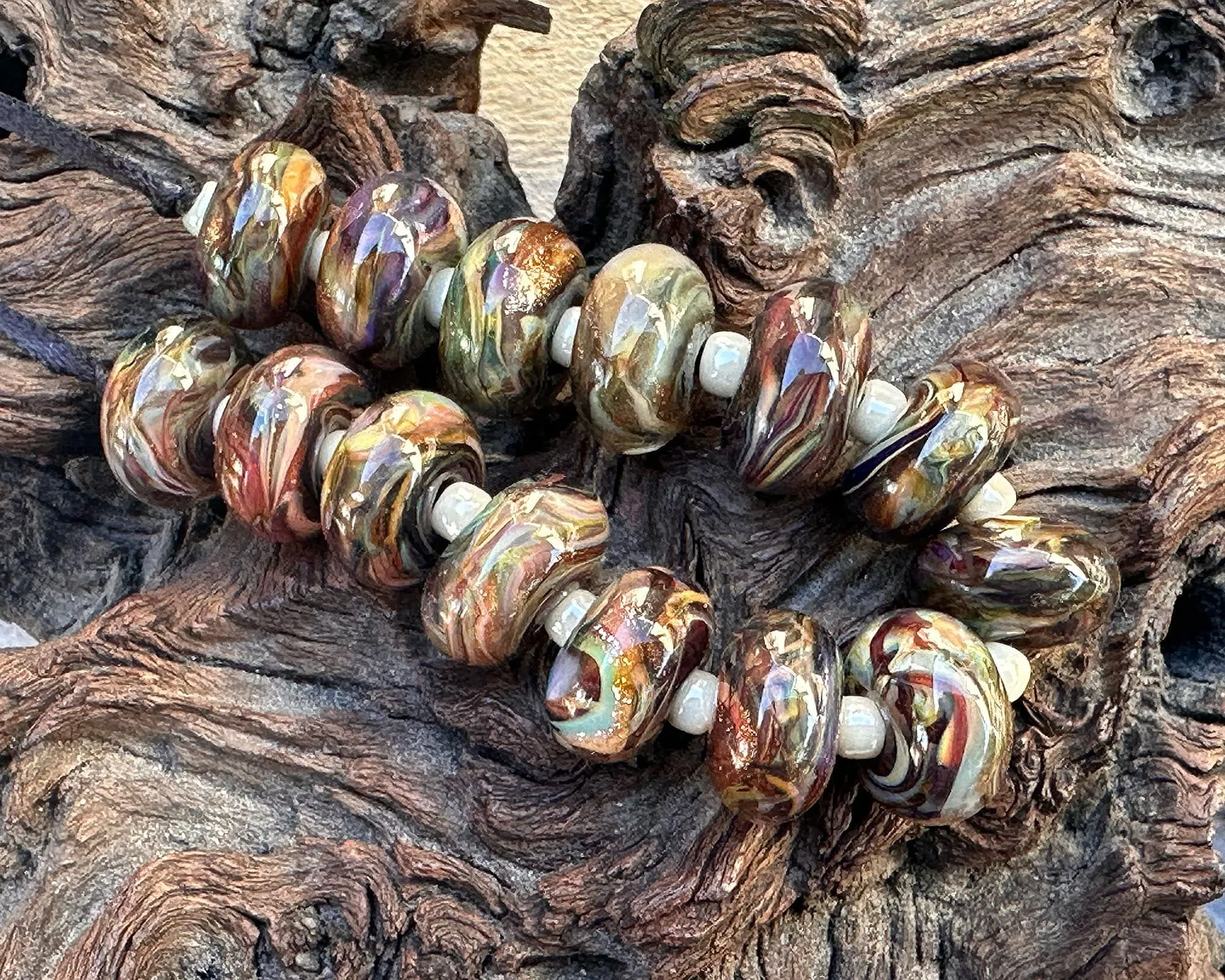 12 Multicolor Brown Swirl Lampwork Beads Set SRA