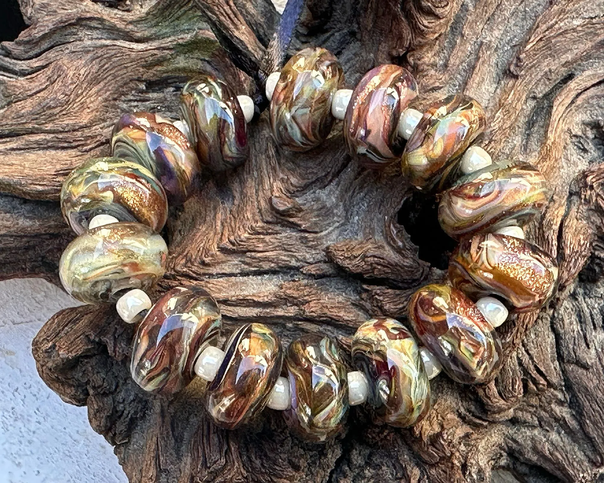 12 Multicolor Brown Swirl Lampwork Beads Set SRA