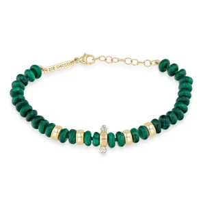 14k Gold & Malachite Rondelle Bead Bracelet with 2 Prong Diamonds