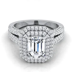 14K White Gold Emerald Cut Extraordinary Three Tier Diamond Halo Crown Engagement Ring -7/8ctw