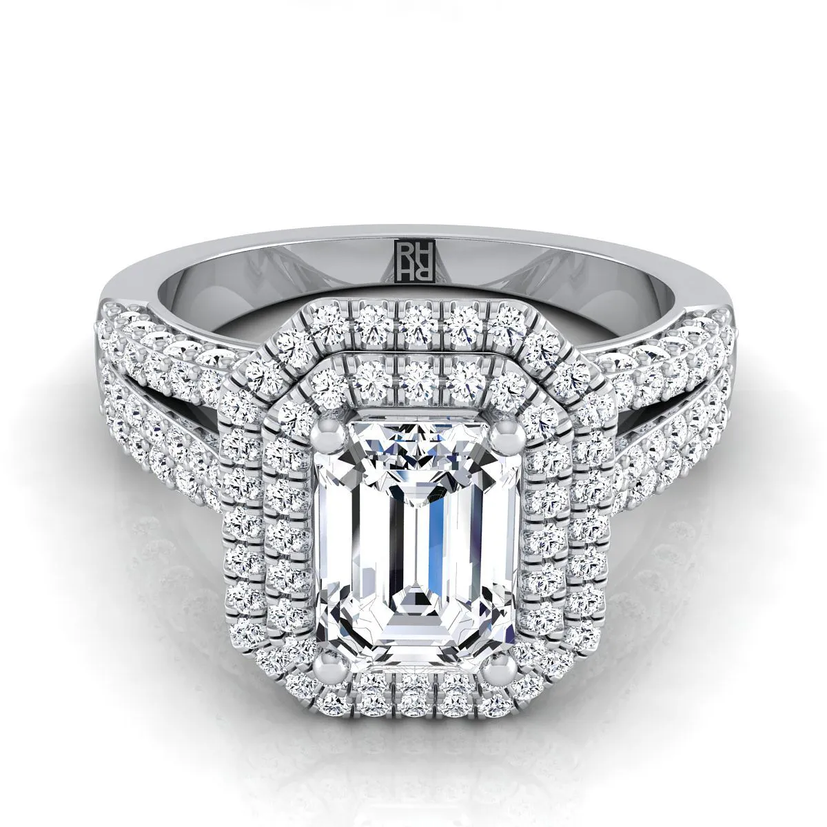 14K White Gold Emerald Cut Extraordinary Three Tier Diamond Halo Crown Engagement Ring -7/8ctw