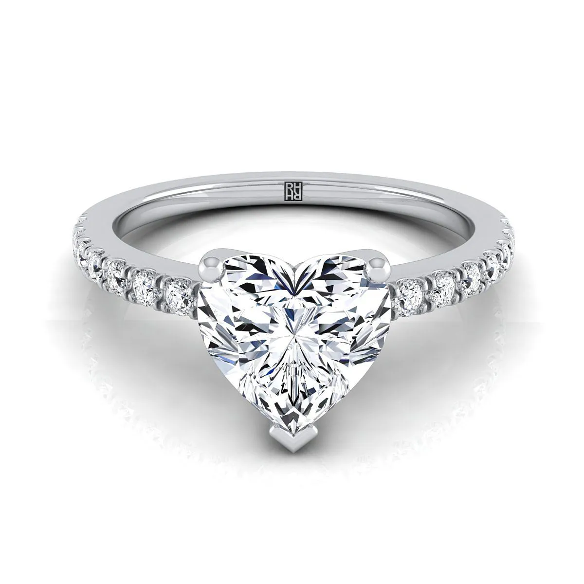 14K White Gold Heart Shape Center Simple Linear Diamond Pave Engagement Ring -1/5ctw