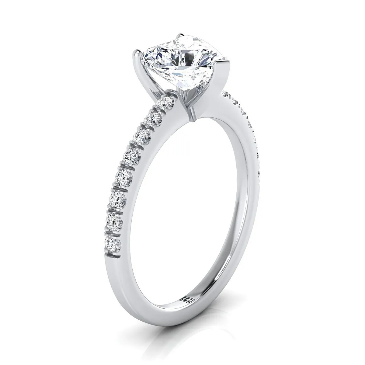 14K White Gold Heart Shape Center Simple Linear Diamond Pave Engagement Ring -1/5ctw