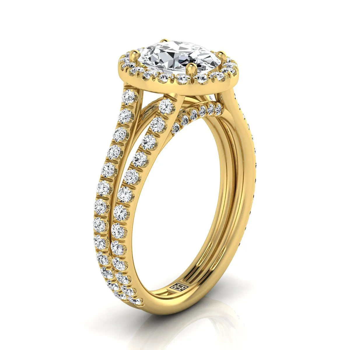14K Yellow Gold Oval Diamond Halo Two Row Pavé Split Shank Engagement Ring -7/8ctw