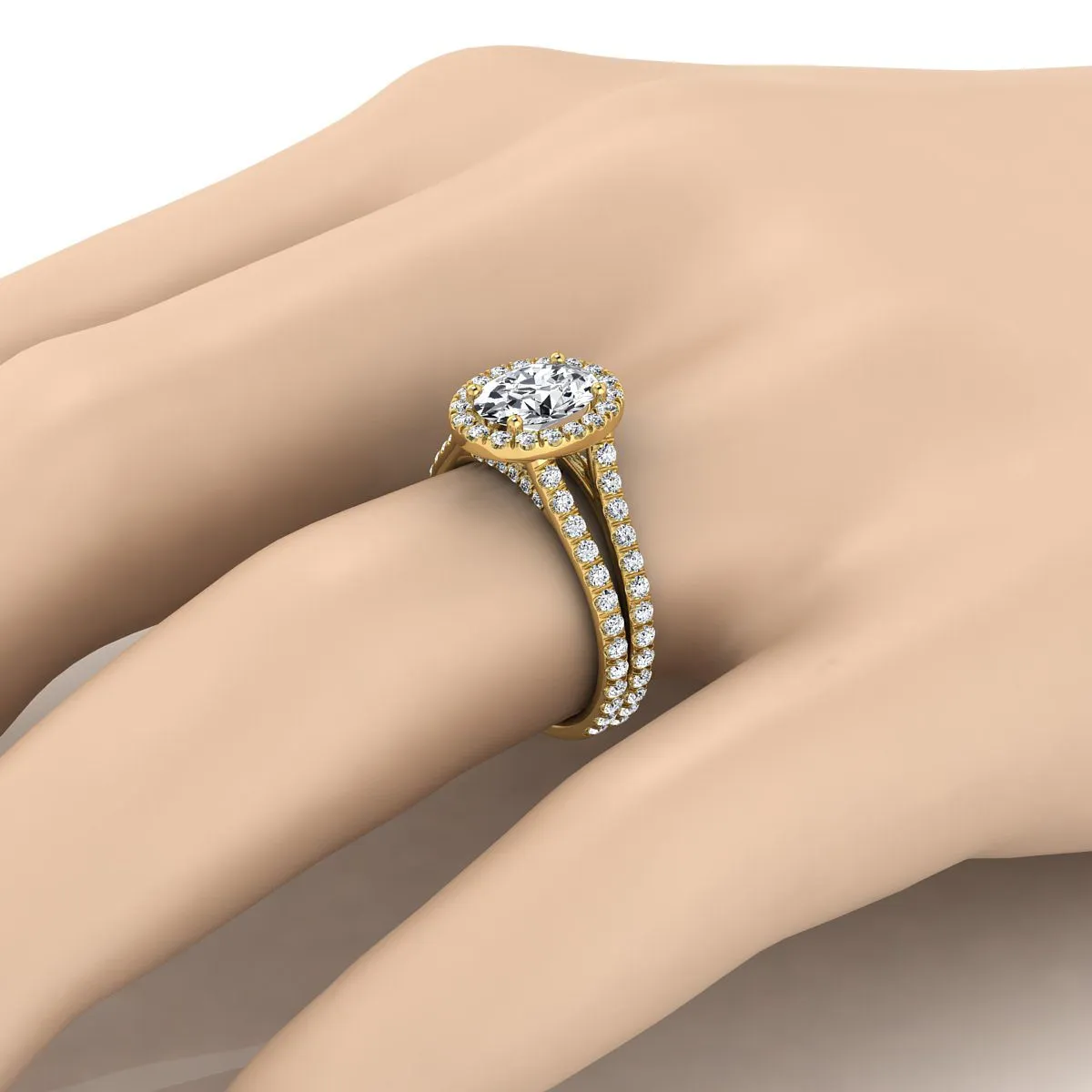 14K Yellow Gold Oval Diamond Halo Two Row Pavé Split Shank Engagement Ring -7/8ctw