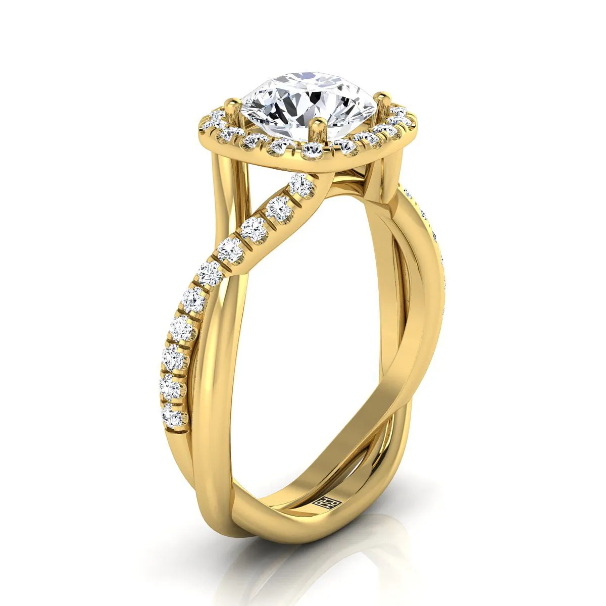 14K Yellow Gold Round Brilliant Diamond Twisted Scalloped Pavé Halo Center Engagement Ring -3/8ctw