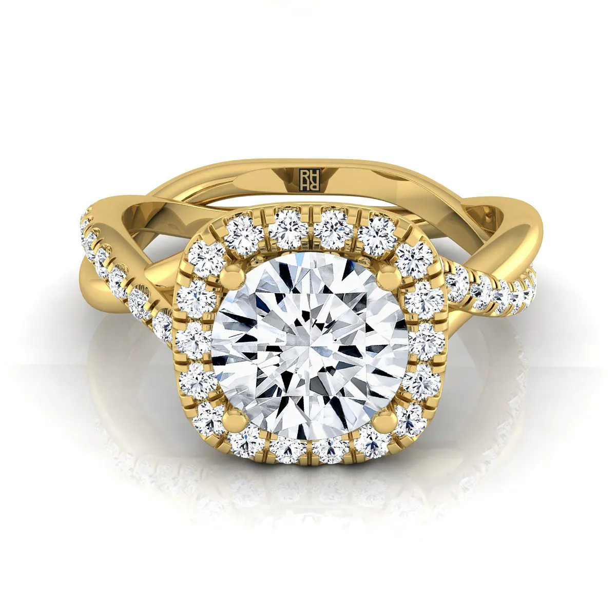 14K Yellow Gold Round Brilliant Diamond Twisted Scalloped Pavé Halo Center Engagement Ring -3/8ctw