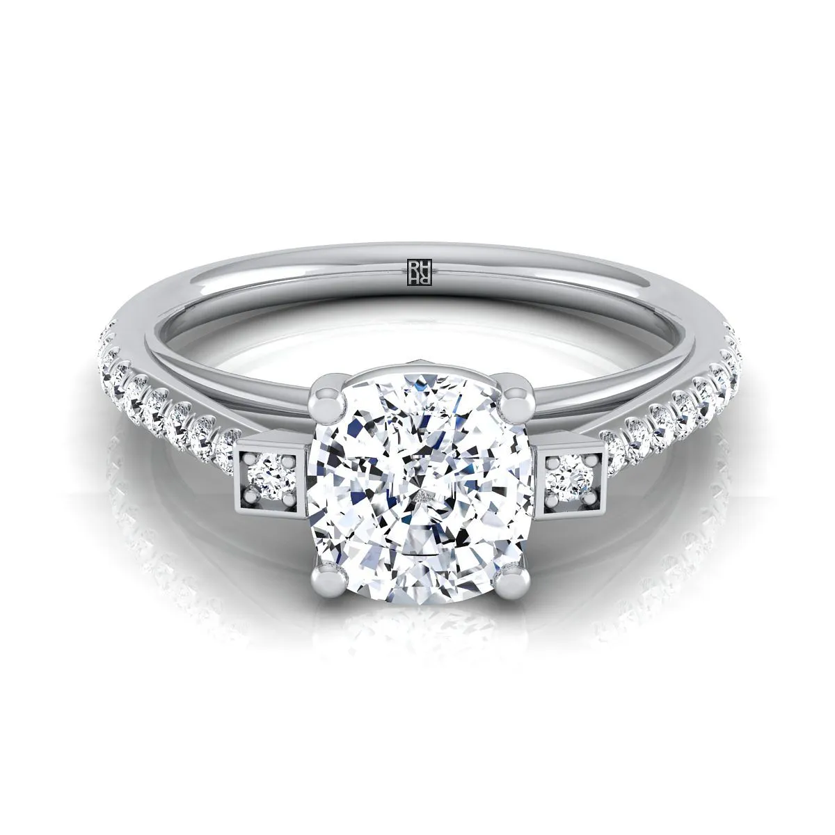 18K White Gold Cushion Diamond Delicate Three Stone Pave Engagement Ring -1/3ctw
