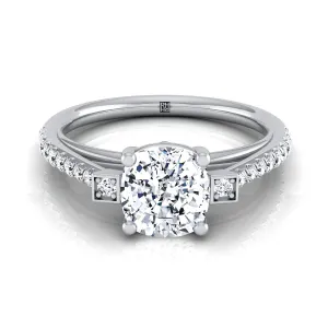 18K White Gold Cushion Diamond Delicate Three Stone Pave Engagement Ring -1/3ctw