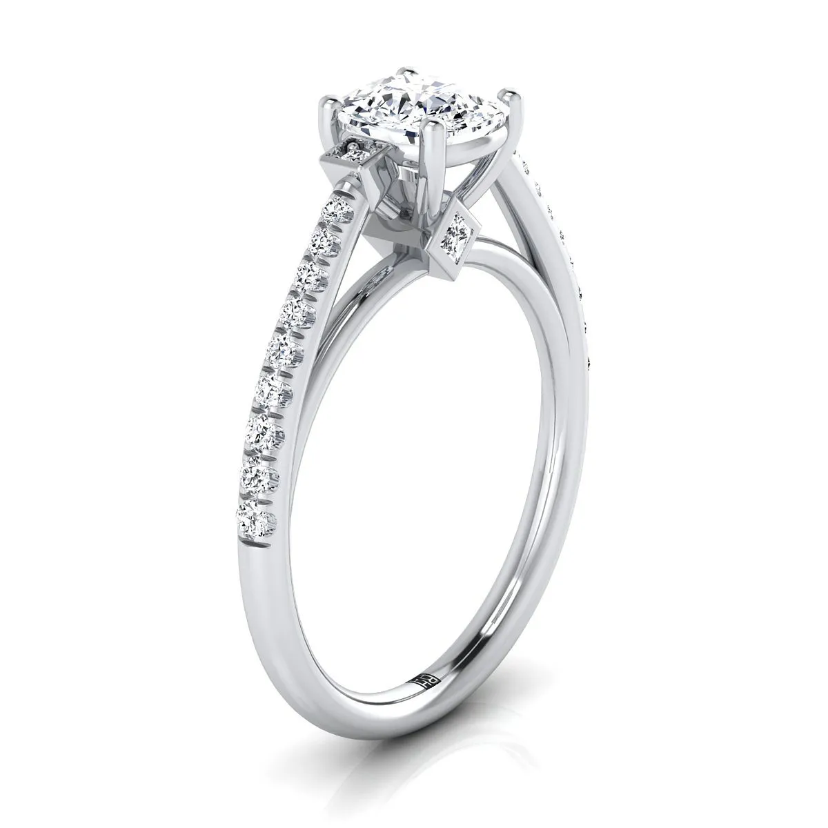 18K White Gold Cushion Diamond Delicate Three Stone Pave Engagement Ring -1/3ctw