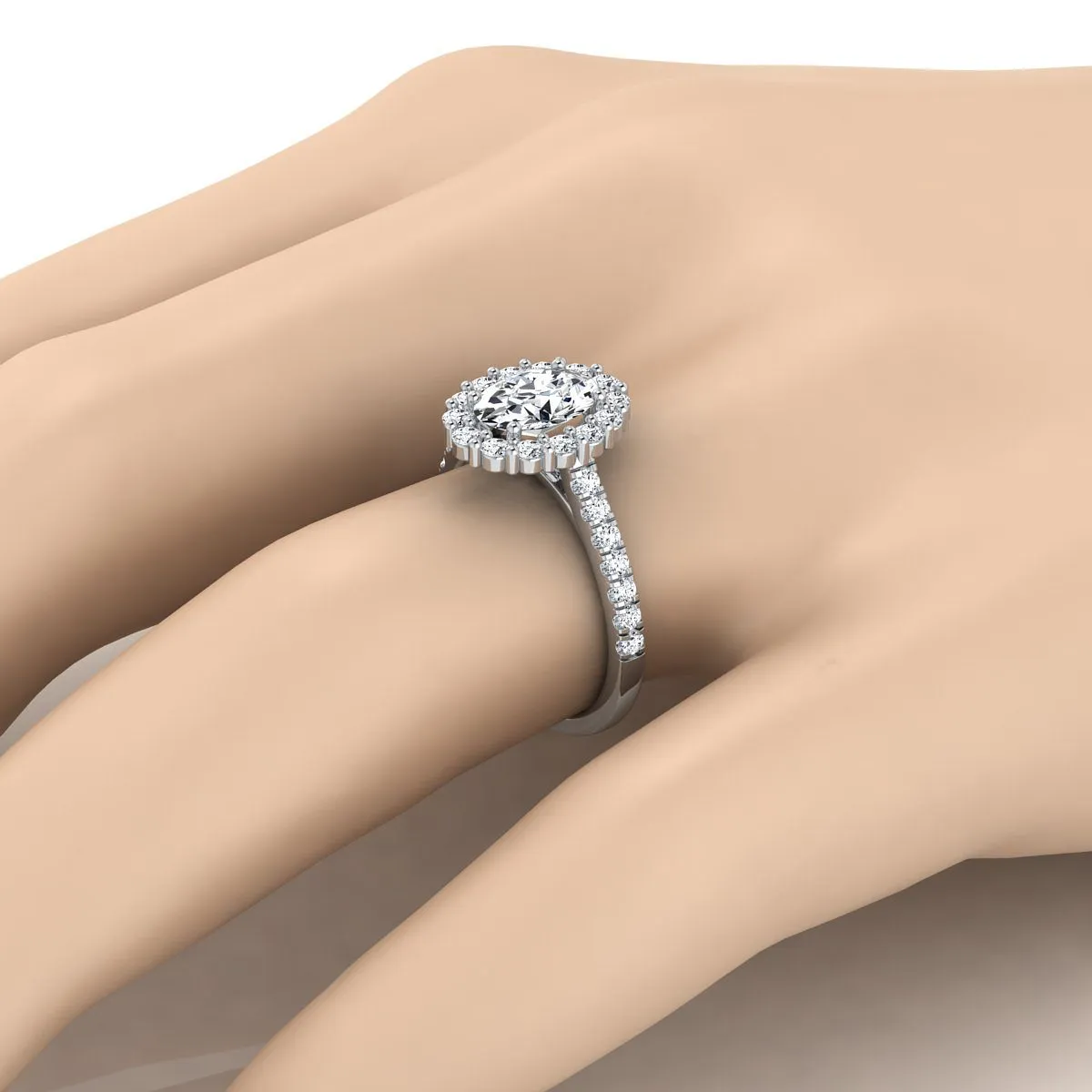 18K White Gold Oval Diamond Shared Prong Halo Engagement Ring -5/8ctw