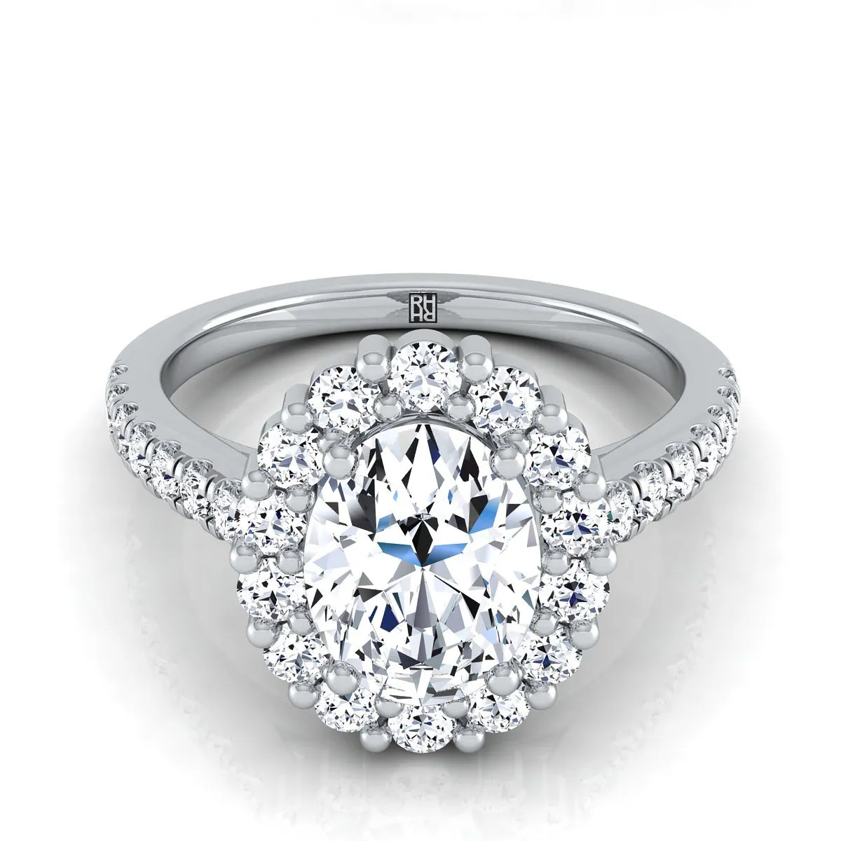 18K White Gold Oval Diamond Shared Prong Halo Engagement Ring -5/8ctw