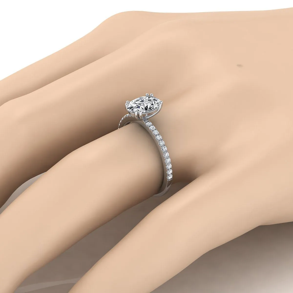 18K White Gold Oval Diamond Simple French Pave Double Claw Prong Engagement Ring -1/6ctw