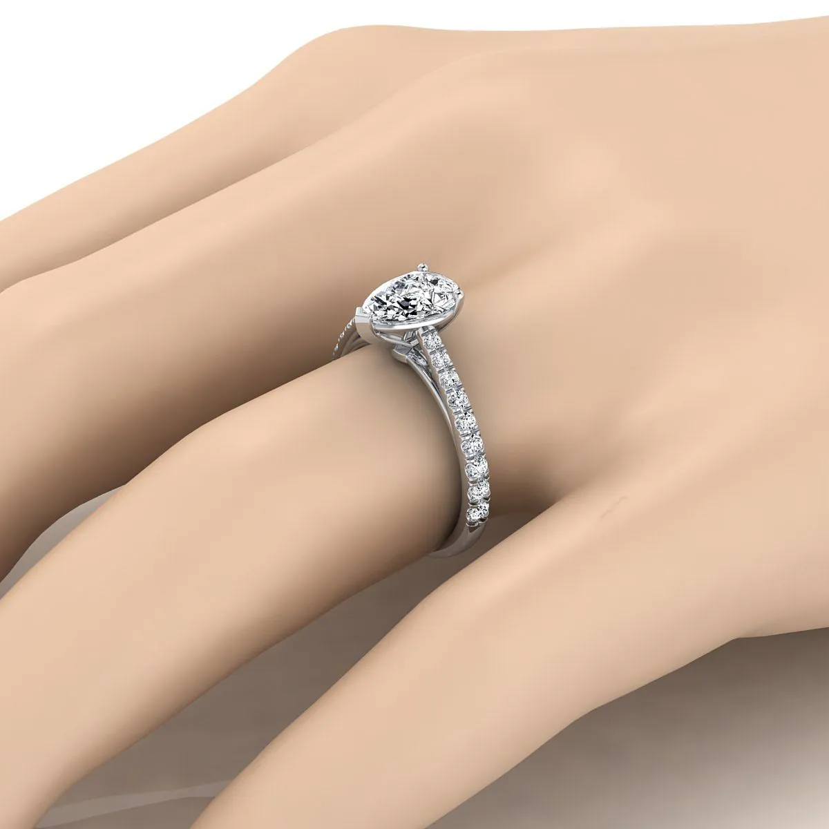 18K White Gold Pear Shape Center Diamond French Pave Cathedral Style Solitaire Engagement Ring -1/4ctw