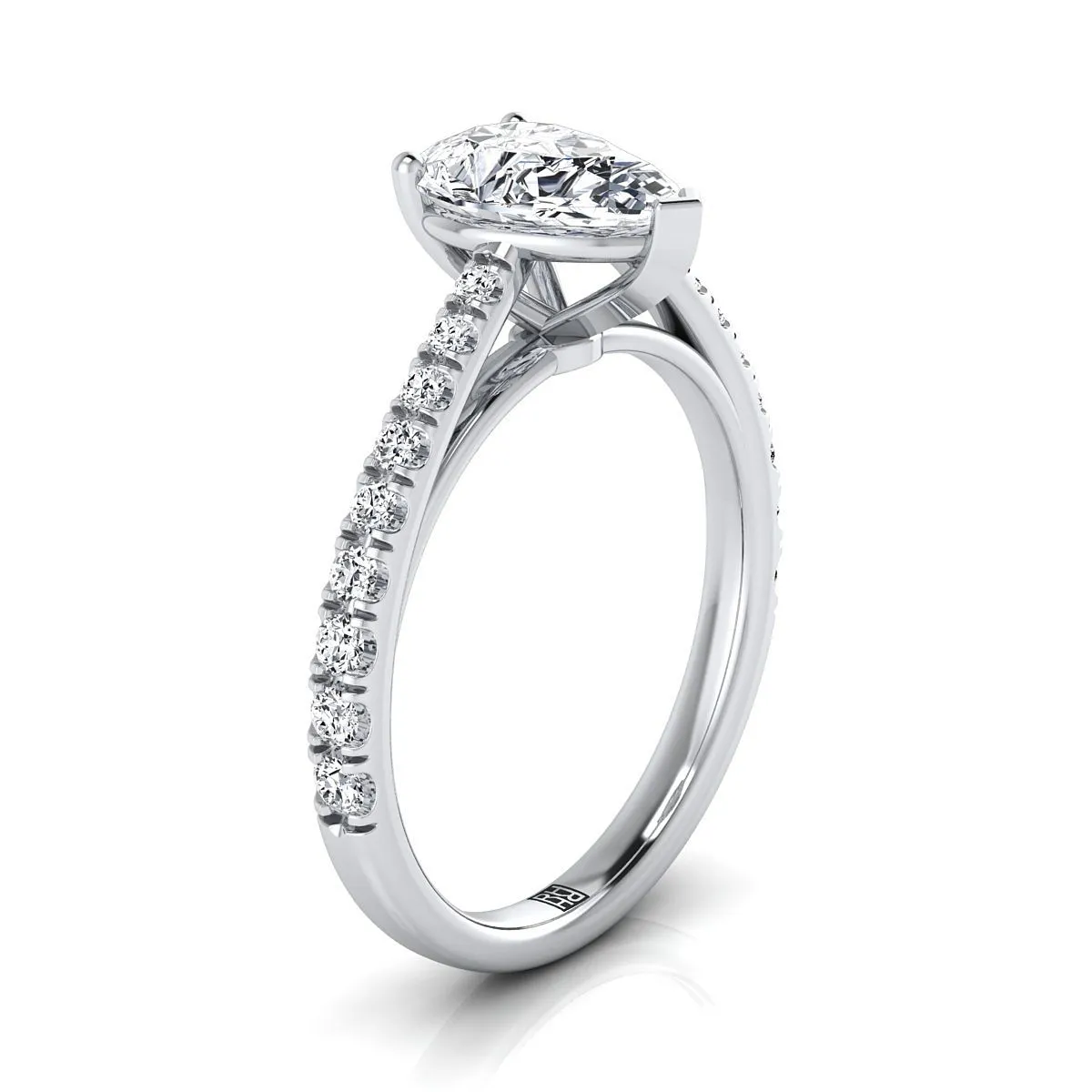 18K White Gold Pear Shape Center Diamond French Pave Cathedral Style Solitaire Engagement Ring -1/4ctw