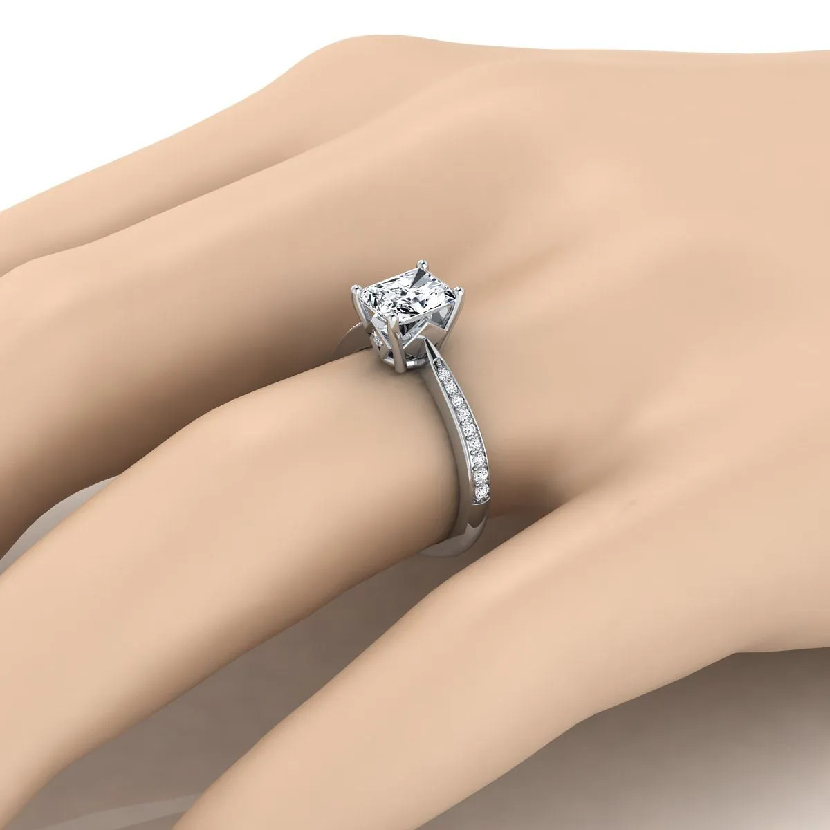 18K White Gold Radiant Cut Center Diamond Tapered Pave Engagement Ring -1/8ctw
