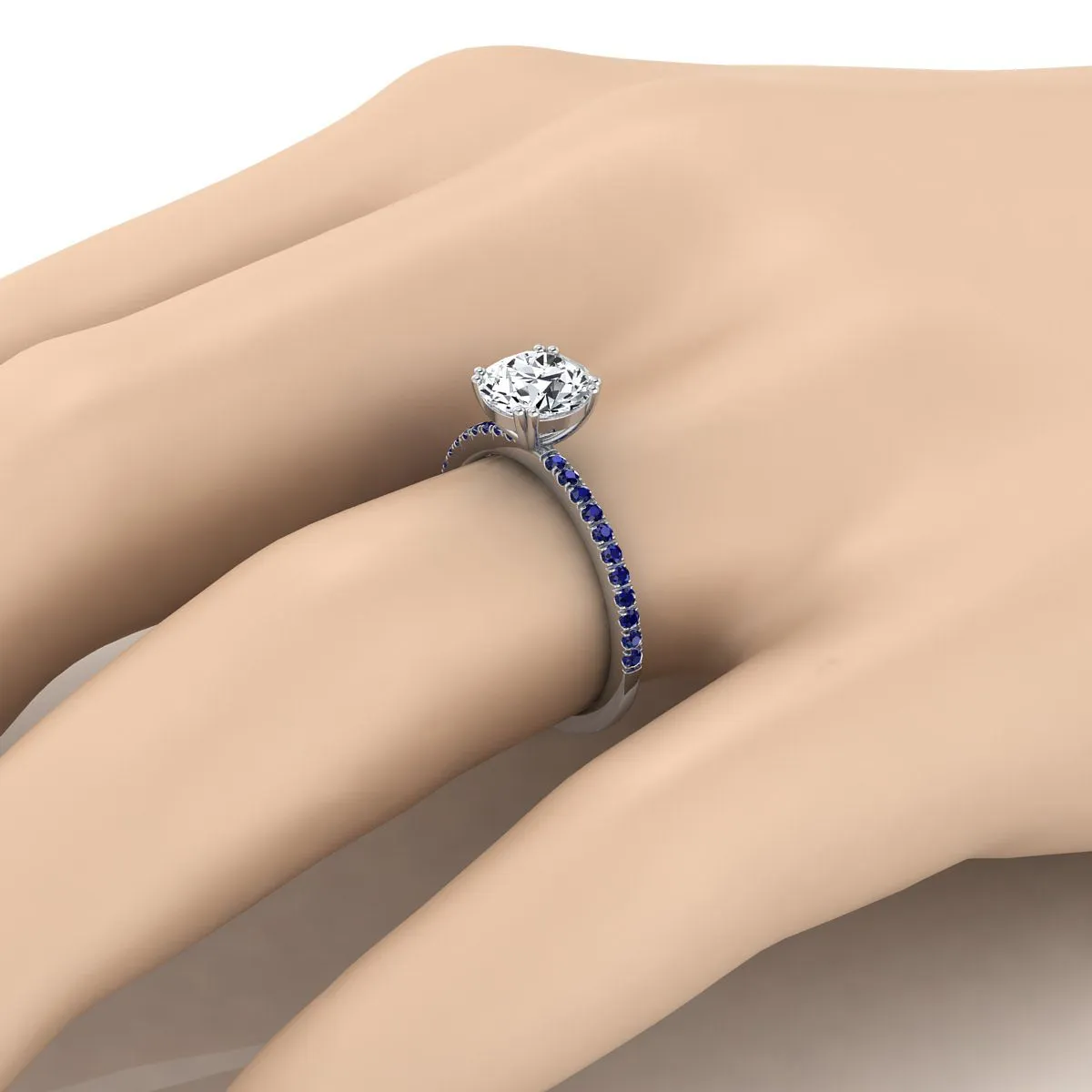 18K White Gold Round Brilliant  Simple French Pave Double Claw Prong Diamond Engagement Ring