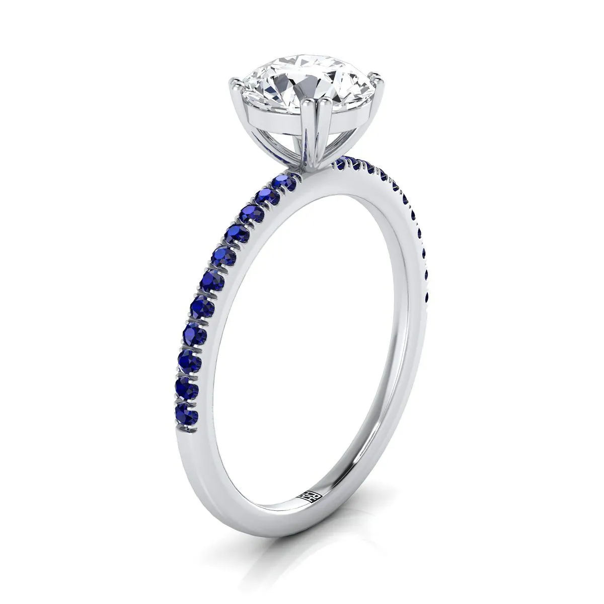 18K White Gold Round Brilliant  Simple French Pave Double Claw Prong Diamond Engagement Ring