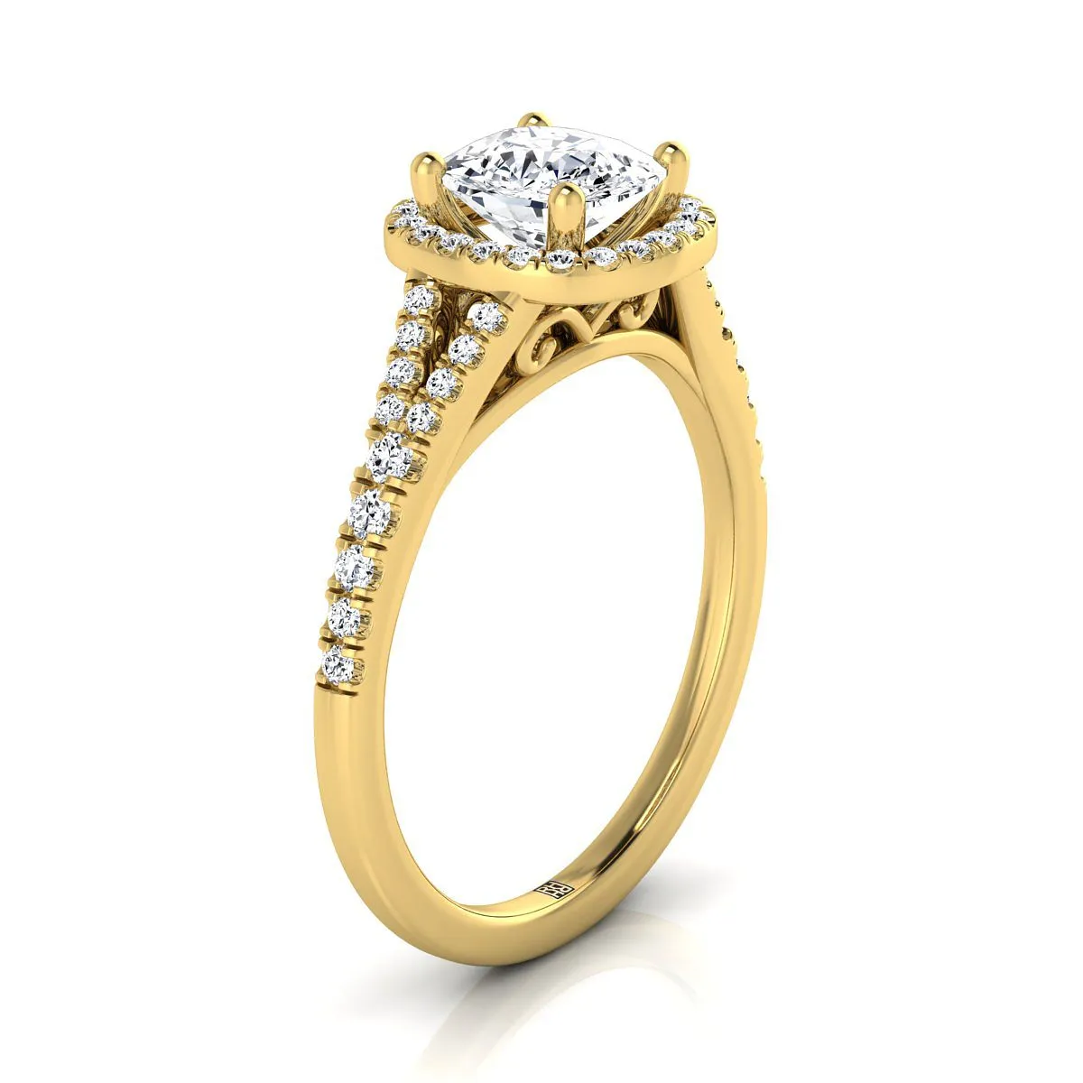 18K Yellow Gold Cushion French Pave Split Shank Halo Engagement Ring -1/4ctw