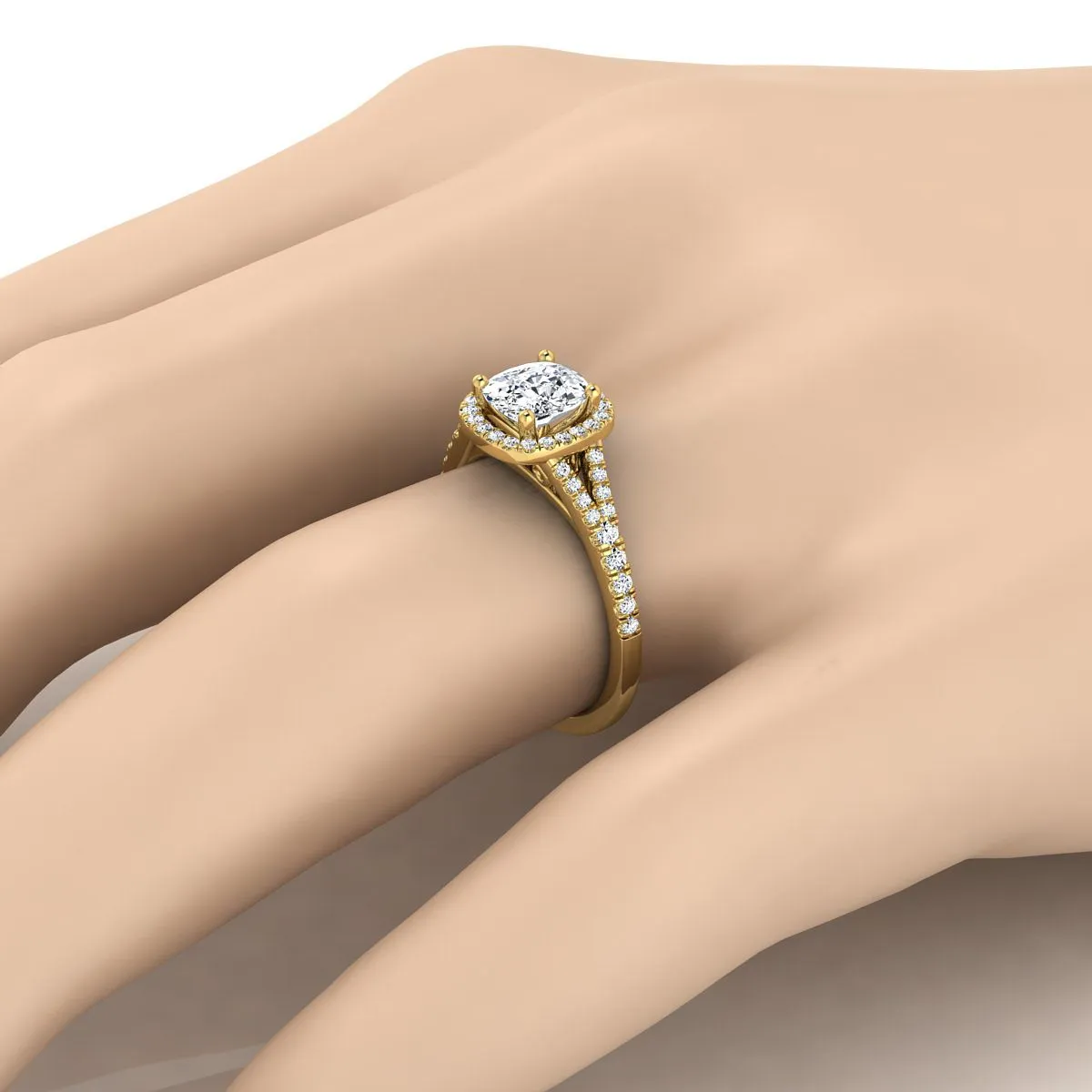 18K Yellow Gold Cushion French Pave Split Shank Halo Engagement Ring -1/4ctw