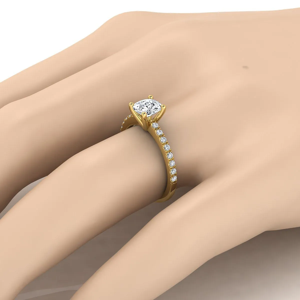 18K Yellow Gold Cushion Simple Linear Diamond Pave Engagement Ring -1/5ctw