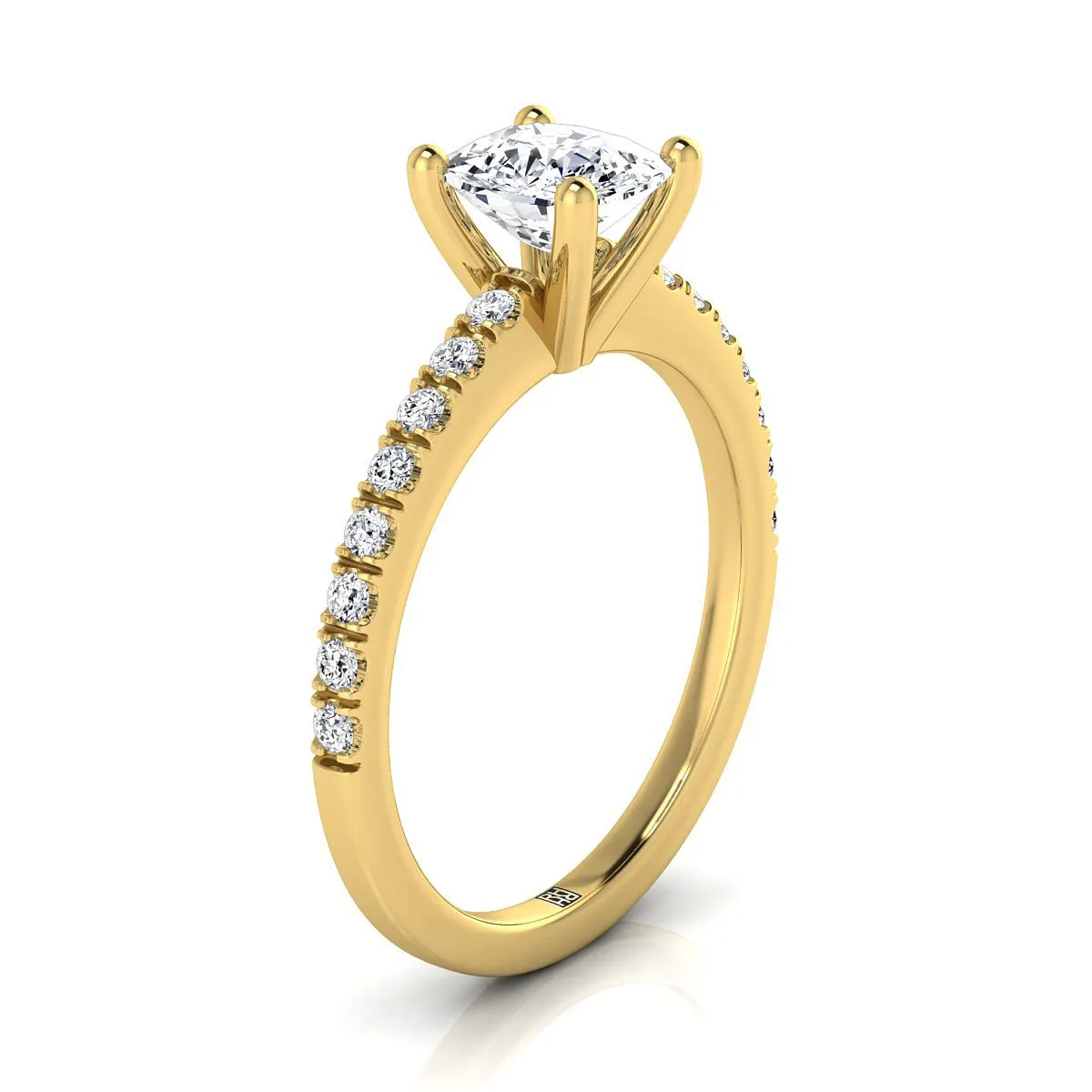 18K Yellow Gold Cushion Simple Linear Diamond Pave Engagement Ring -1/5ctw