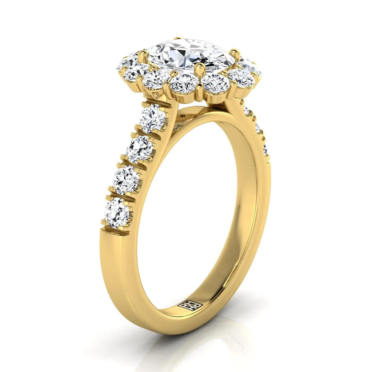 18K Yellow Gold Oval Diamond Luxe Style French Pave Halo Engagement Ring -1-1/10ctw