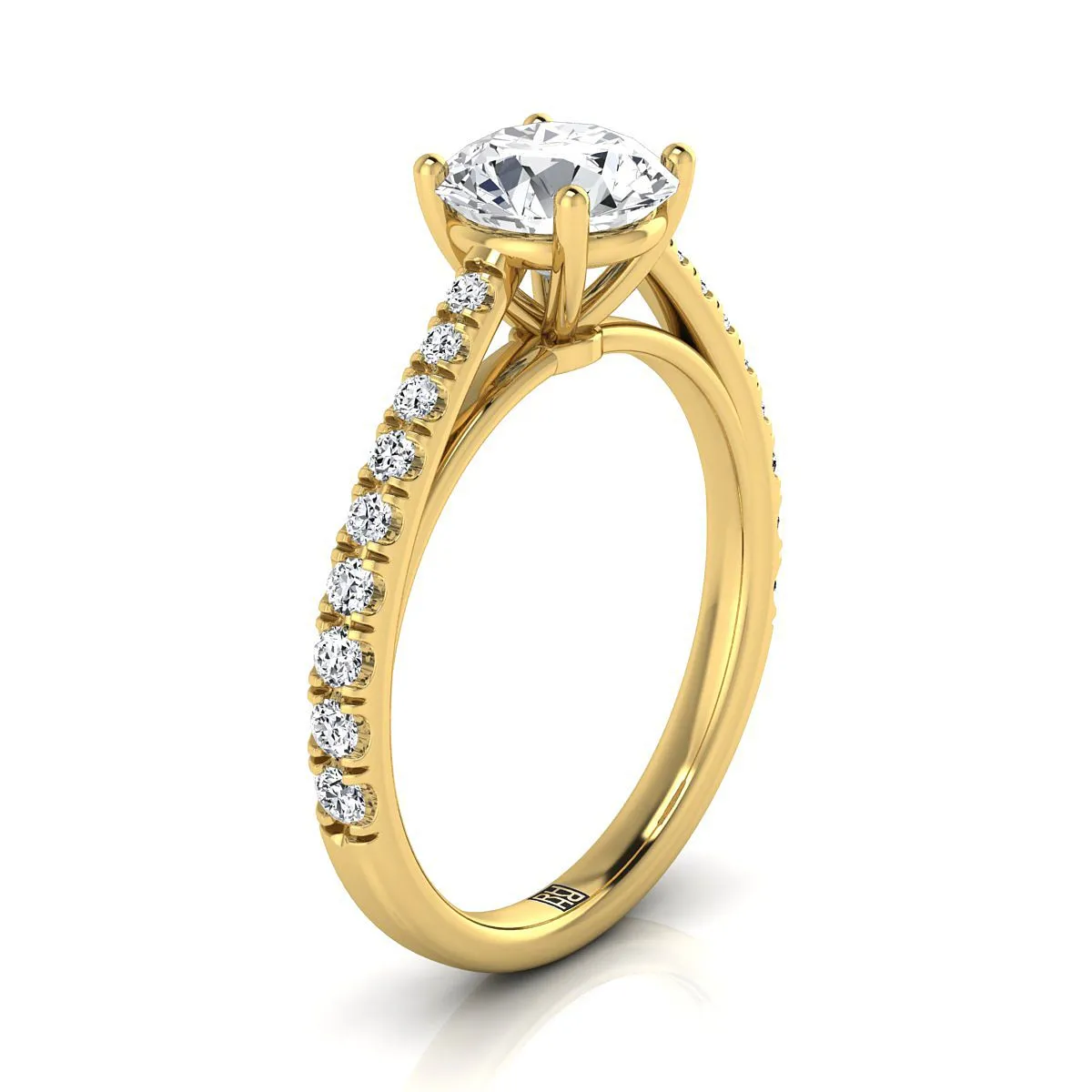 18K Yellow Gold Round Brilliant Diamond French Pave Cathedral Style Solitaire Engagement Ring -1/4ctw