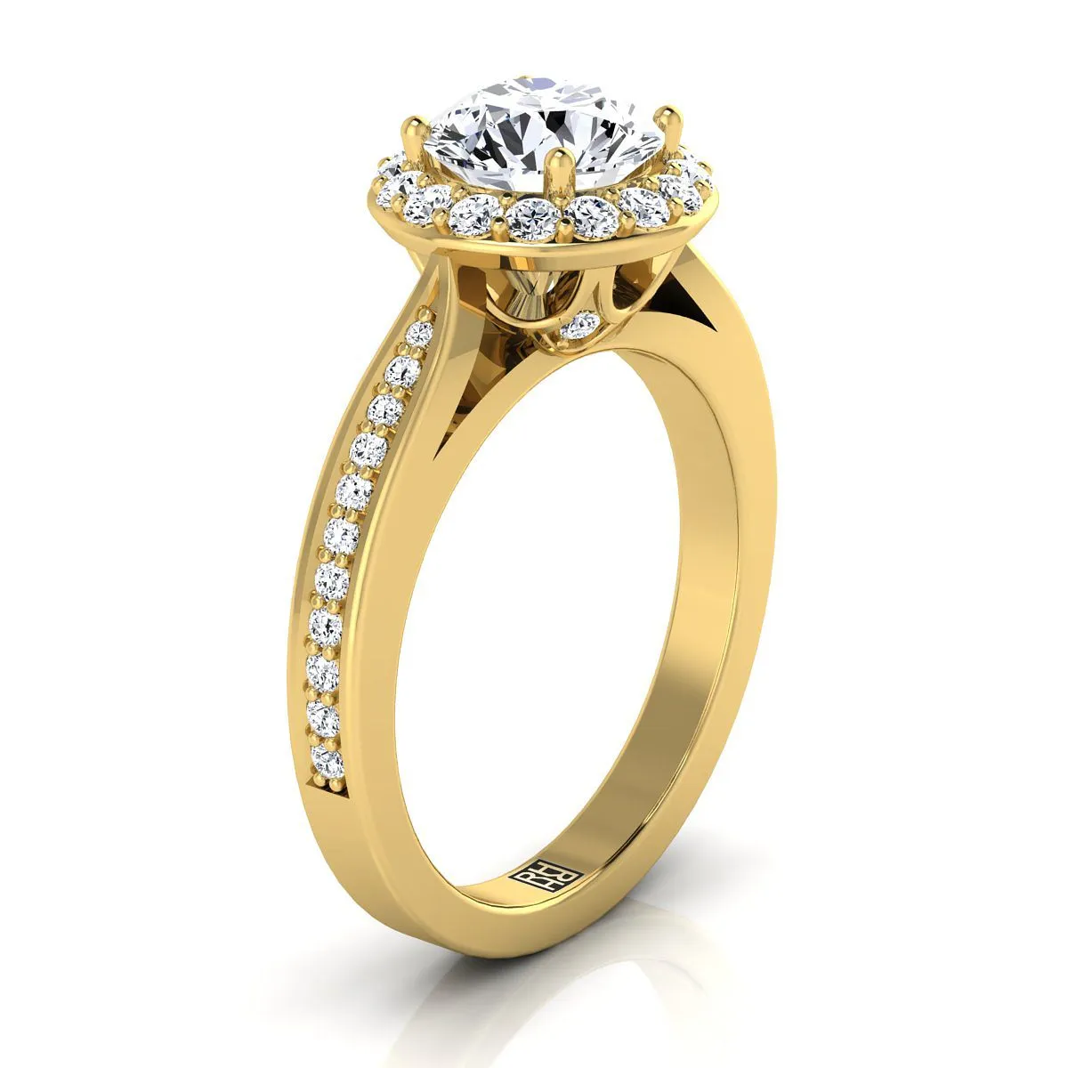 18K Yellow Gold Round Brilliant Diamond Straight Channel Row French Pave Halo Engagement Ring -3/8ctw
