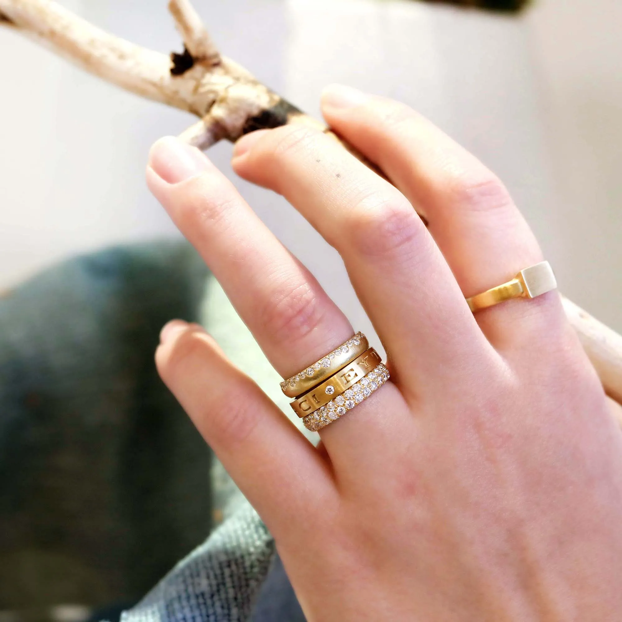 22K Gold Narrow Engraved May You Have Luck And Laughter  Band With 2 Diamonds