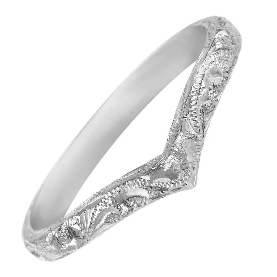 2.5mm Platinum V-Shaped Wedding Ring with Engraved Paisley Pattern