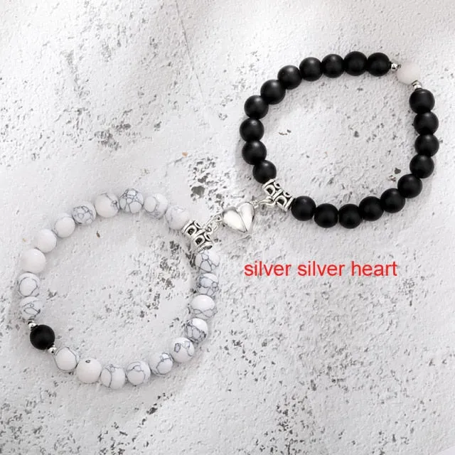 2pcs/set Natural Stone Magnetic Heart  Bead Bracelet For Friendship Couples