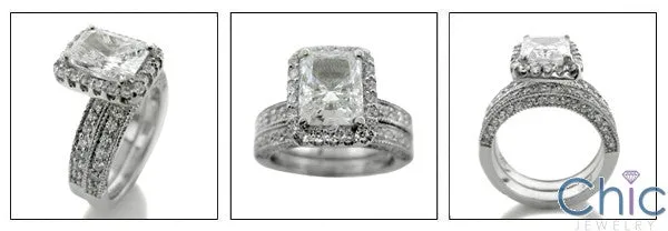 3 Carat Radiant Cubic Zirconia Center Halo Engagement RIng  Fitted Pave  Wedding Cz Band 14K W Gold