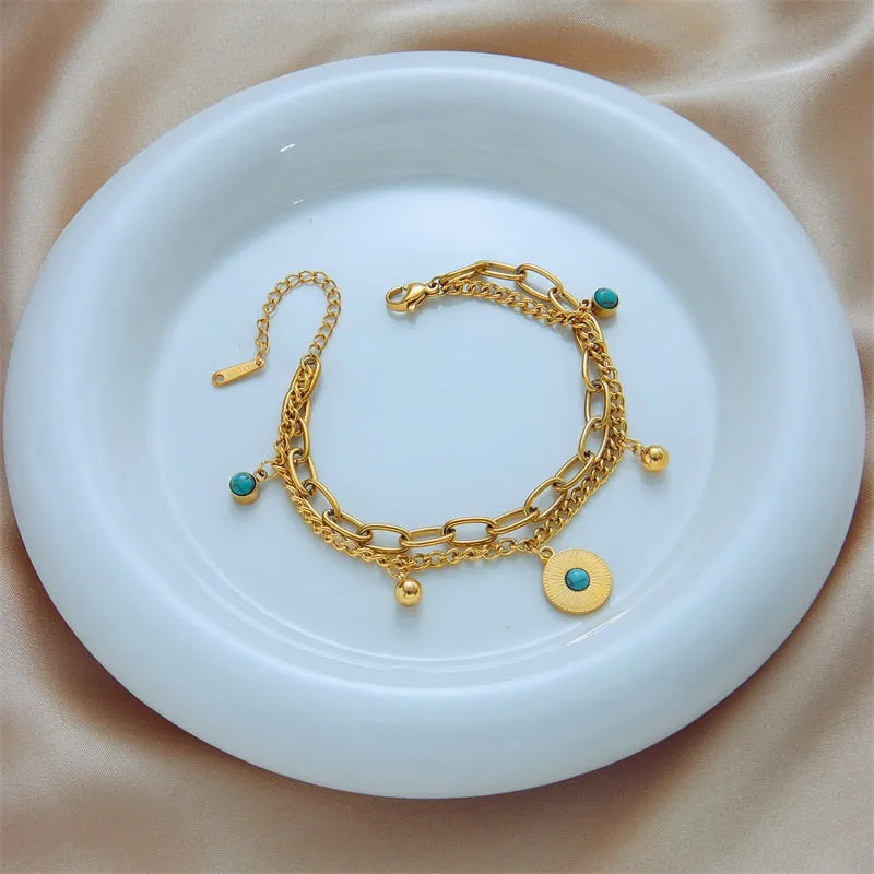 316L Stainless Steel 2-Layer Green Stone Round Charm Bracelet for Women