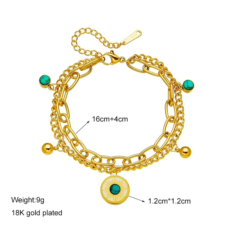 316L Stainless Steel 2-Layer Green Stone Round Charm Bracelet for Women
