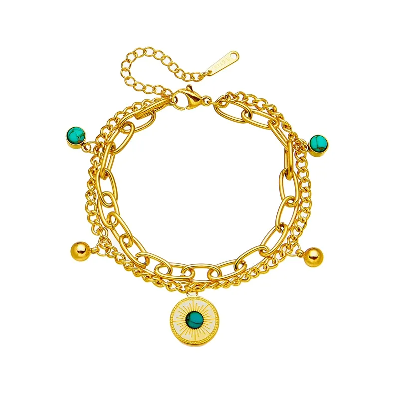 316L Stainless Steel 2-Layer Green Stone Round Charm Bracelet for Women