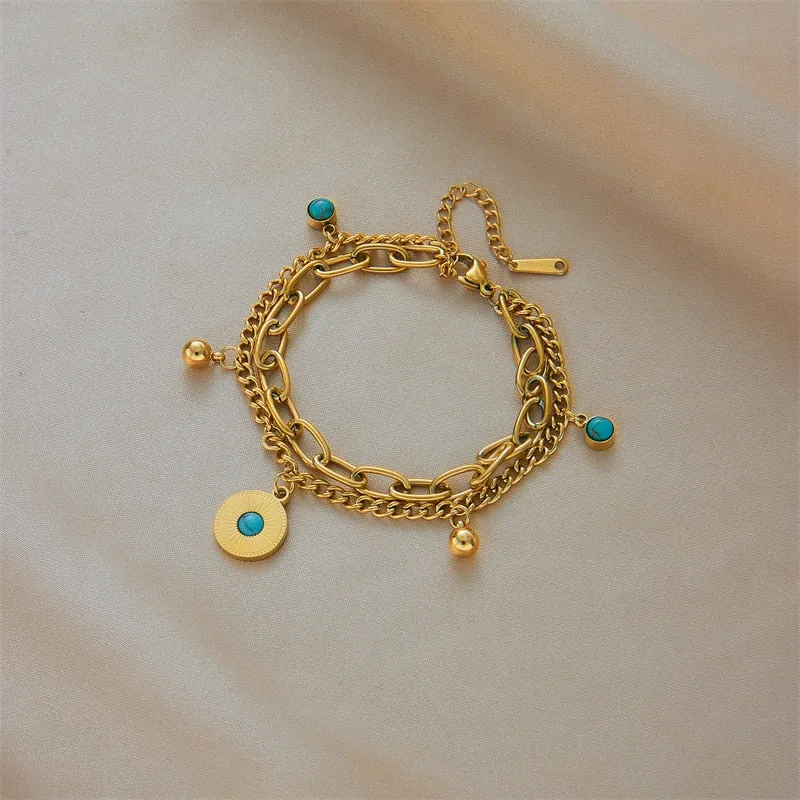 316L Stainless Steel 2-Layer Green Stone Round Charm Bracelet for Women