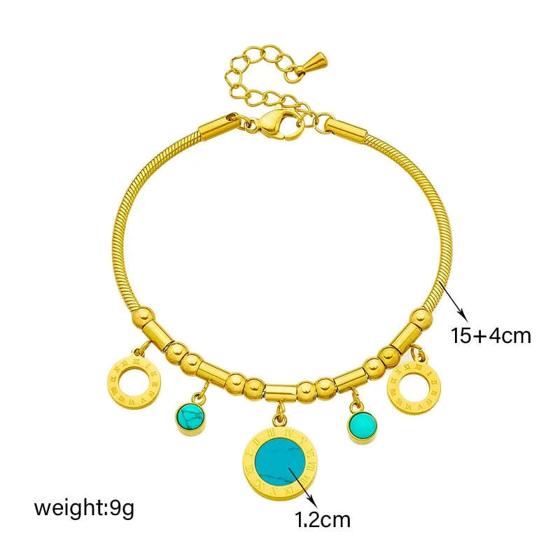 316L Stainless Steel Blue Stone Roman Numerals Charm Bracelet For Women