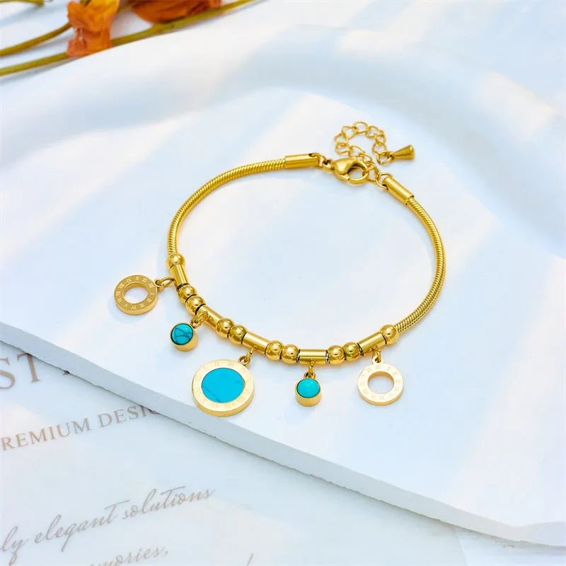 316L Stainless Steel Blue Stone Roman Numerals Charm Bracelet For Women