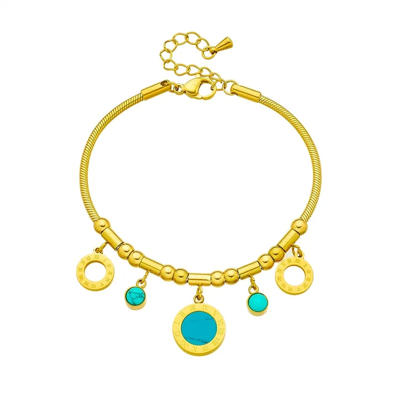 316L Stainless Steel Blue Stone Roman Numerals Charm Bracelet For Women