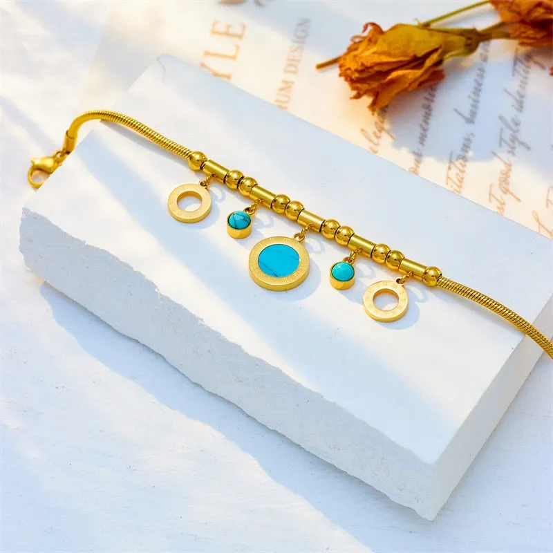 316L Stainless Steel Blue Stone Roman Numerals Charm Bracelet For Women