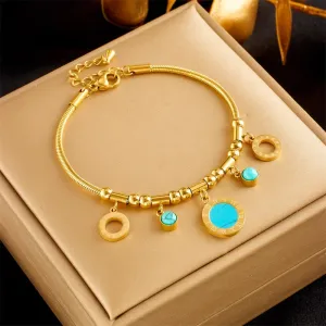 316L Stainless Steel Blue Stone Roman Numerals Charm Bracelet For Women