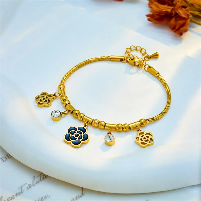 316L Stainless Steel Flower Zircon Charm Bracelet For Women