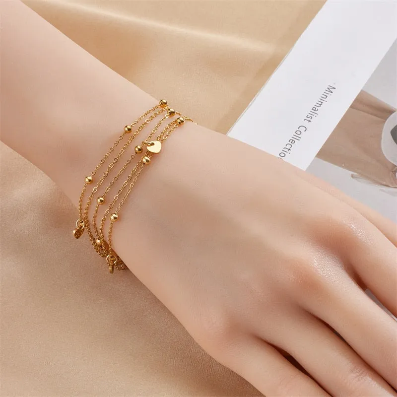 316L Stainless Steel Gold Color Multilayer Heart Chains Bracelet For Women